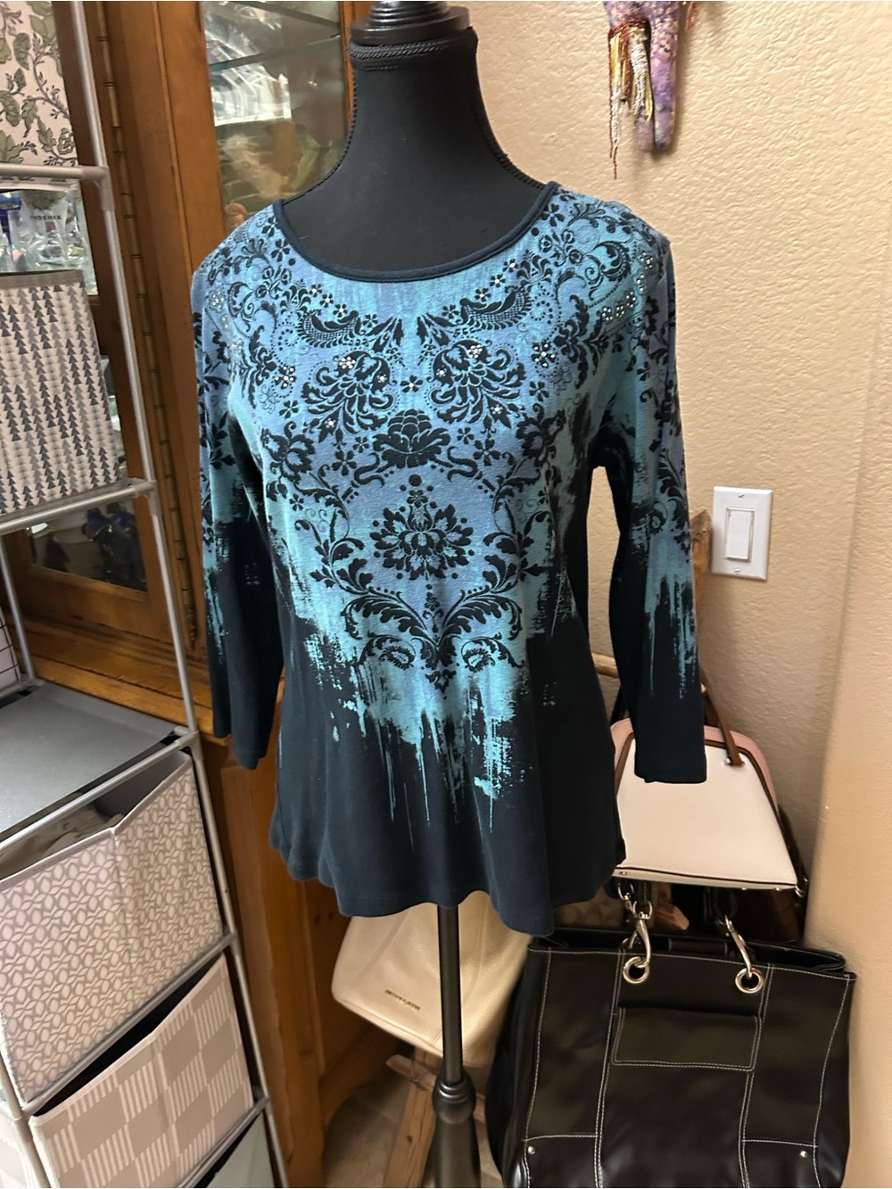 Teal and Black Floral-Print Long Sleeve Tee